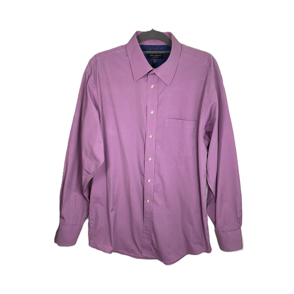 Ted Baker London 16 34/35‎ Lavender Dress Shirt Cotton Paisley Trim Button Up